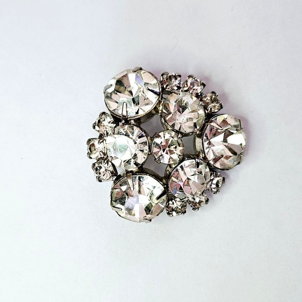 Vintage Silver Tone Clear Round Domed Prong Set Rhinestone Cluster Brooch Pin